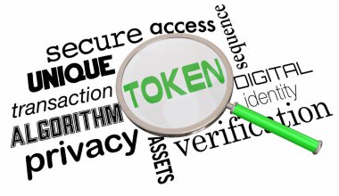 Jeton Büyüteç Güvenliği Şifrelenmiş Aktarım Tokenizasyon 3d İllüstrasyon