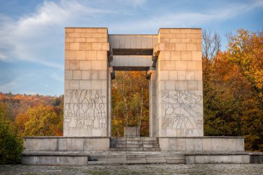 Monument to the Uprising on St. Anna Mountain by Xawery Dunikowski in autumn surroundings. Socialist realism clipart