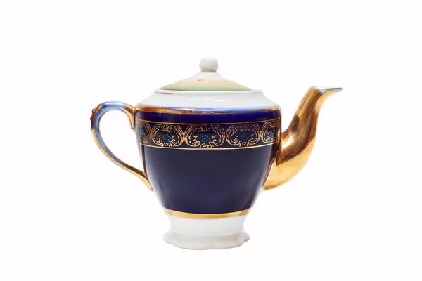 Старомодний Красивий Позолочений Порцеляновий Чайник Білому Тлі — стокове фото