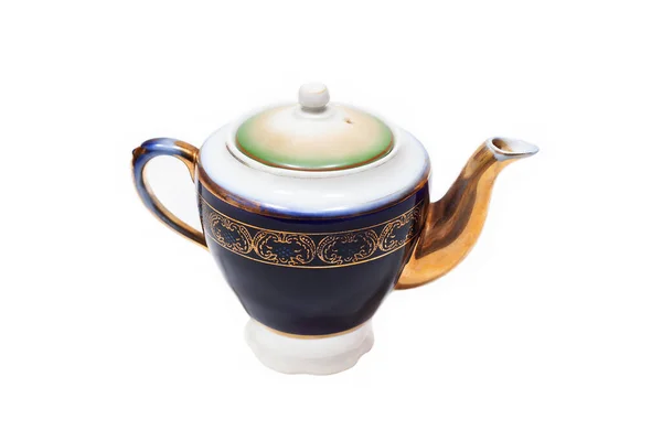 Beyaz Arka Planda Eski Moda Altın Yaldızlı Porselen Çaydanlık — Stok fotoğraf