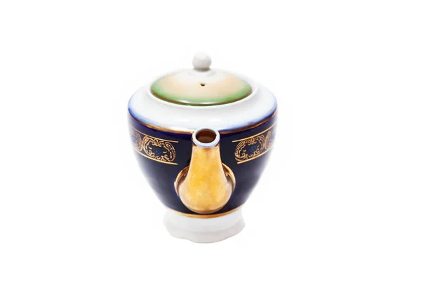 Старомодний Красивий Позолочений Порцеляновий Чайник Білому Тлі — стокове фото
