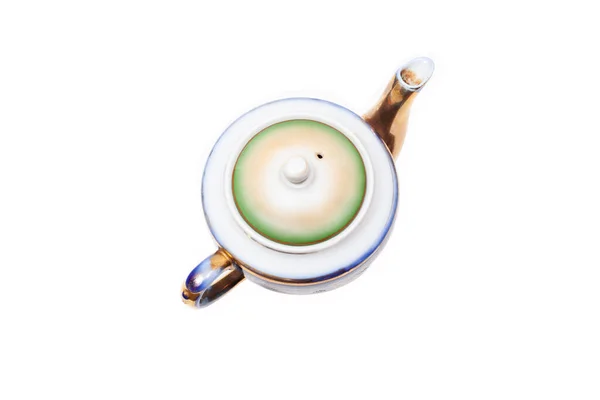 Старомодний Красивий Позолочений Порцеляновий Чайник Білому Тлі Зверху — стокове фото
