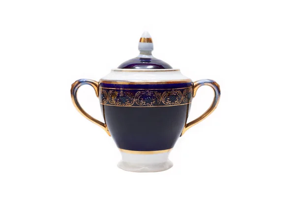 Old Fashioned Beautiful Gilded Porcelain Sugar Bowl White Background — Stock Photo, Image