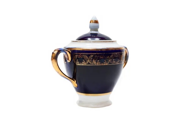 Old Fashioned Beautiful Gilded Porcelain Sugar Bowl White Background — Stock Photo, Image