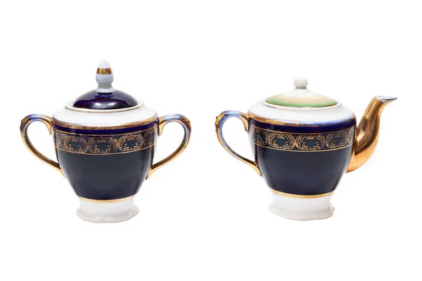 Old Fashioned Beautiful Gilded Porcelain Teapot Sugar Bowl White Background — Stock Photo, Image