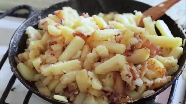 Cooking Potatoes Stirring Pan Close — Stock Video