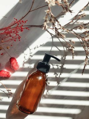 Kozmetik konsepti. Bir kozmetik şişesi pompa spreyi kahverengi, kozmetik ürünleri için sıvı, genel giderler. Güzellik blogu, kuaför tedavisi, minimalizm. Doğal güzellik spa ürünü konsepti.