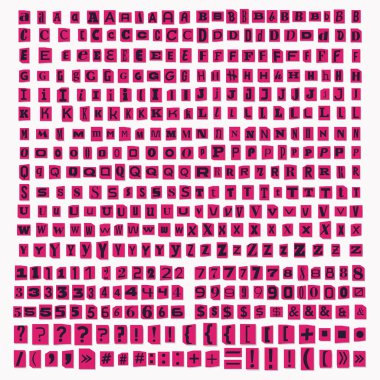 Kağıt kesme fidye vektör harfleri. Şantaj Fidye Kaçıran Anonim Not Yazı Tipi Pembe ve Siyah. Harfler, sayılar ve noktalama işaretleri. Kolaj tarzı fidye mektupları. Kendin oluştur.