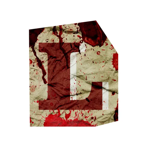 stock image Cut out ransom alphabet letter. Blackmail Ransom Kidnapper Anonymous Note Font. English Letter crumpled grungy vintage old paper texture with blood splashes isolated on a white. Collage style design