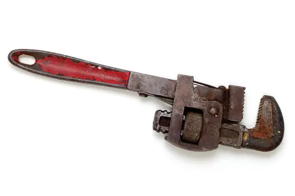 Ein Alter Stark Gebrauchter Und Ramponierter Schraubenschlüssel Von Oben Betrachtet Stockbild