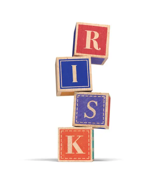 stock image A realistic illustration of a wobbly stack of wooden building blocks that spell 'RISK'. Isolated on white with Drop Shadow.