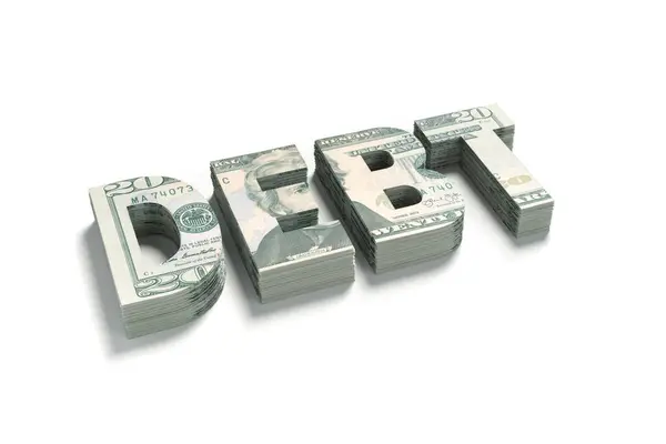 Duży Stos Amerykańskiej Waluty Pocięte Kształt Słowa Debt Odizolowane Biało Obraz Stockowy