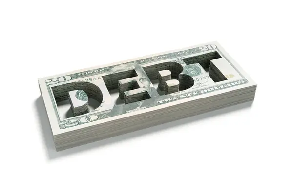 Debt という言葉が込められた20ドル紙幣の大規模な積み重ね 白に隔離される ロイヤリティフリーのストック写真