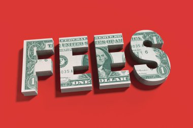 A large stack of dollar bills on a red background cut into the word 