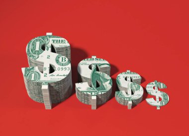 Kâr, ücret ve ekonomik yavaşlamayı temsil eden kırmızı bir zemin üzerinde dolar banknotlarından kesilen giderek küçülen ABD dolar işaretlerinin gerçekçi bir gösterimi. 