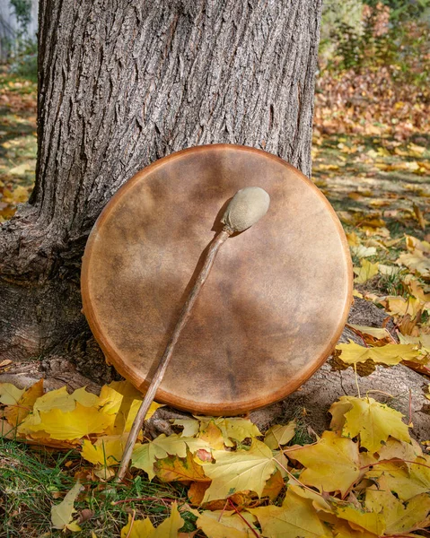 Handgemaakte Inheemse Amerikaanse Stijl Shaman Frame Drum Bedekt Door Geit — Stockfoto