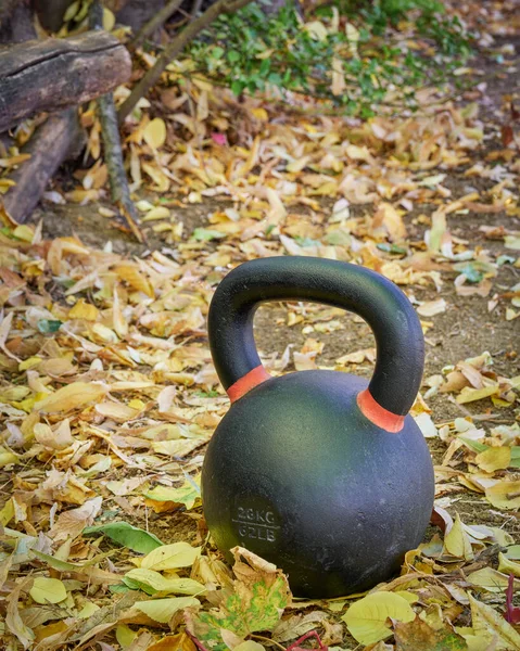heavy iron kettlebell in a backyard in a fall scenery - outdoor fitness concept