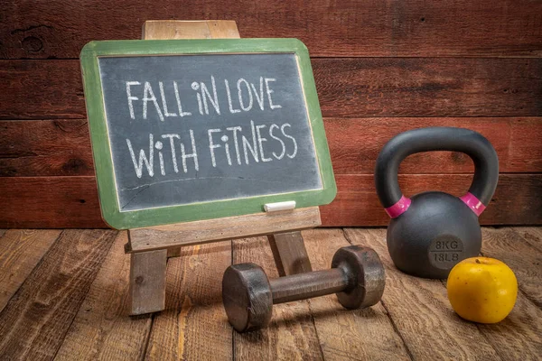 Fall Love Fitness White Chalk Handwriting Slate Blackboard Kettlebell Dumbbell — Stock Photo, Image