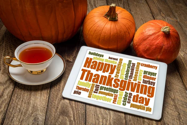 Happy Thanksgiving Word Cloud Tablet Digitale Con Decorazione Zucca Zucca — Foto Stock