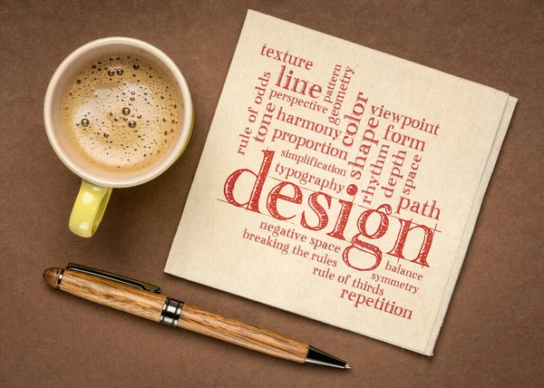 Design Elements Rules Word Cloud Napkin Flat Lay Coffee — Fotografie, imagine de stoc