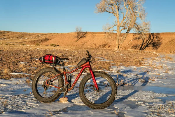 コロラド州の自転車ツアー草原 フレームとトランクバッグ フラット秋や冬の景色を持つ太いマウンテンバイクフォートコリンズ近くのサプストーンプレーリー自然地域 — ストック写真