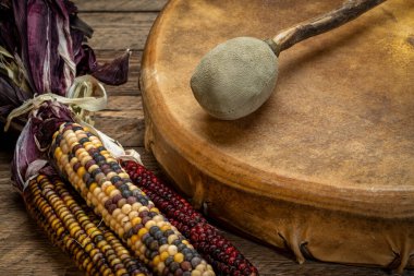 El yapımı, yerli Amerikan tarzı, şaman çerçeveli davul, keçi derisi ile kaplanmış, çırpıcı ya da süslemeli sade bir ahşap.