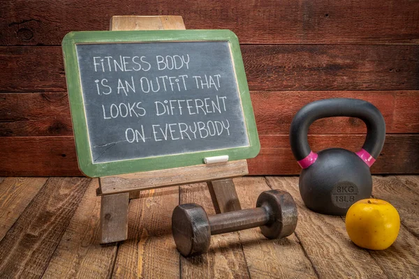 Fitness Body Outfit Looks Different Everybody Inspirational Writing Blackboard Dumbbell — Stock Photo, Image
