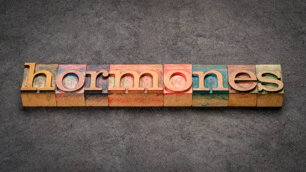 Hormones Word Abstract Vintage Letterpress Wood Type Blocks Textured Bark — Stock Photo, Image