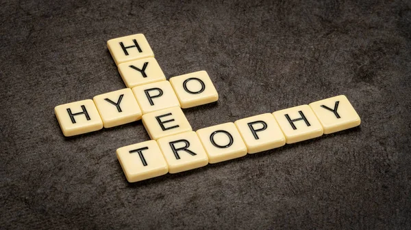 Hypotrophy Hypertrophy Crossword Ivory Letter Tiles Textured Bark Paper Medical — Stock Photo, Image