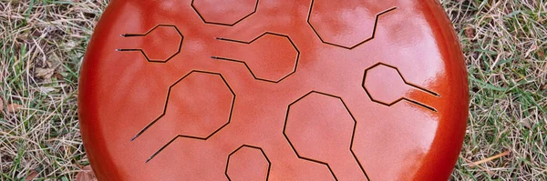 红色钢舌鼓 铺在被干叶覆盖的地面上 打击乐器 常用于冥想和声音疗法 全景网页横幅 — 图库照片