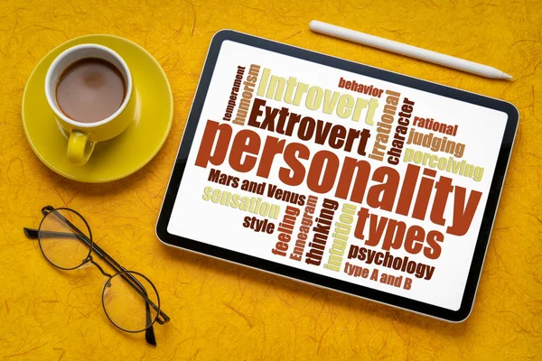 Personality Types Word Cloud Digital Tablet Cup Coffee Psychology Personal — Stock Photo, Image