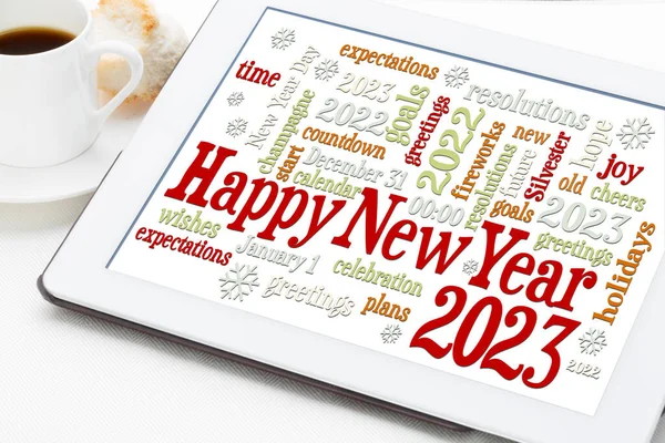 Feliz Ano Novo 2023 Cartão Saudações Nuvem Palavras Tablet Digital — Fotografia de Stock