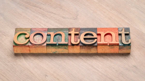 Content Word Abstract Vintage Letterpress Wood Type Printing Blocks Grained — Stock Photo, Image