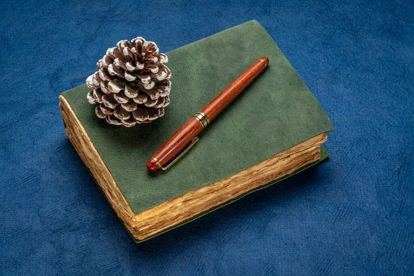 retro leather-bound journal with decked edge handmade paper pages, decorative frosty pine cone and a stylish pen, journaling and winter holidays concept