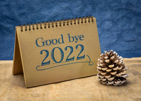 Good Bye 2022 Note Spiral Notebook Frosty Decorative Cone Passing — Stock Photo, Image