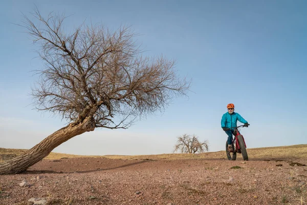 Cycliste Masculin Fait Vélo Montagne Dans Nord Prairie Colorado Début — Photo