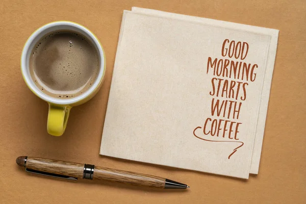 Good Morning Starts Coffee Cheerful Note Napkin Copy Space — Stock Photo, Image