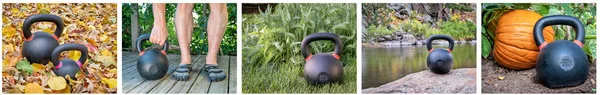 Heavy Iron Kettlebell Workout Collection Fitness Pictures Wide Web Banner — Stock Photo, Image