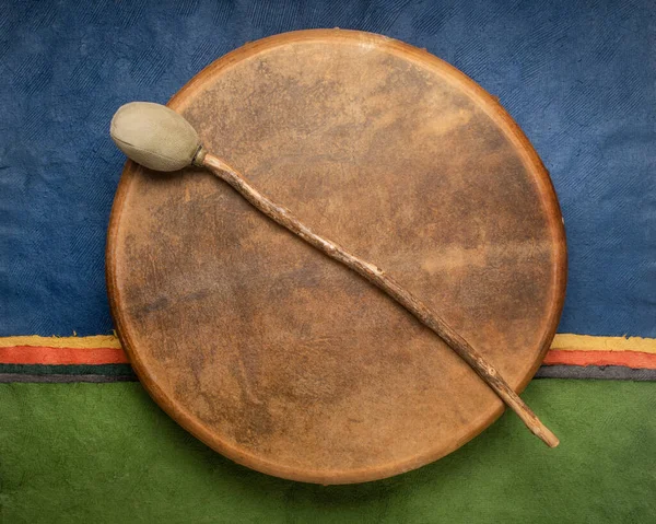 Handmade Native American Style Shaman Frame Drum Covered Goat Skin — Fotografia de Stock