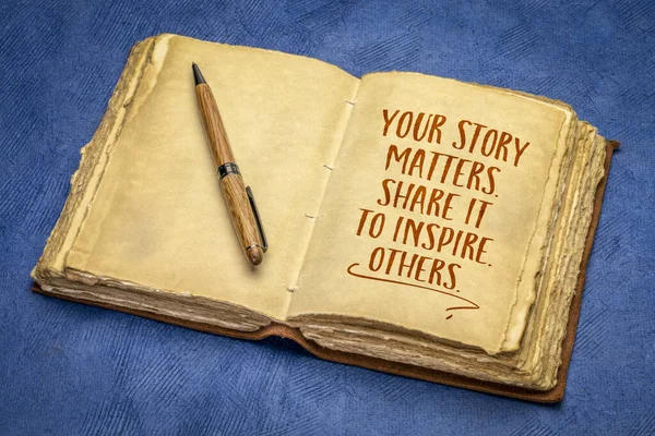 Your story matters. Share it to inspire others. Inspirational handwriting in a retro journal.
