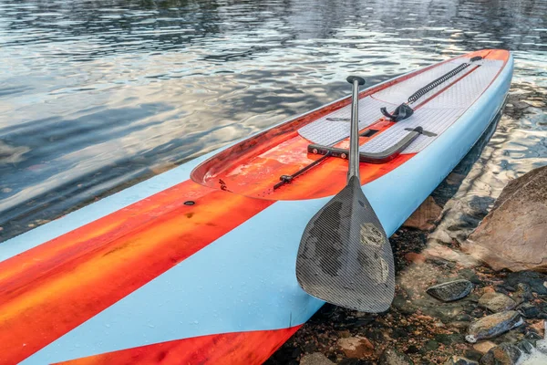 Wyścigi Stand Paddleboard Wiosłem Smycz Bezpieczeństwa Układu Kierowniczego Brzegu Jeziora — Zdjęcie stockowe