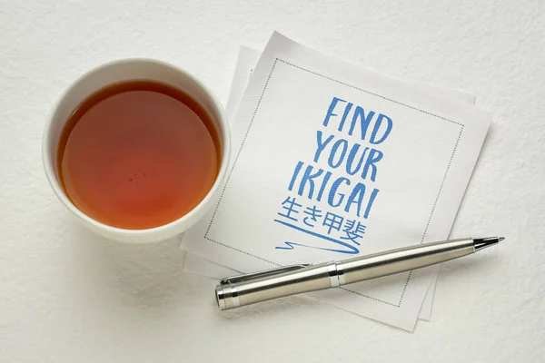 Encontrar Seu Ikigai Caligrafia Inspiradora Guardanapo Com Chá Conceito Japonês — Fotografia de Stock