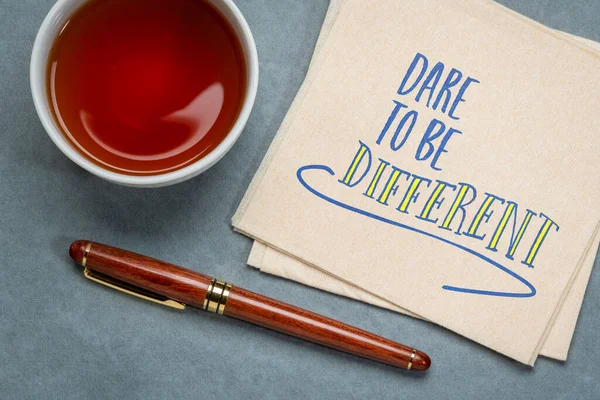 Dare Different Inspirational Note Handwriting Napkin Cup Coffee Nonconformism Career — Stock Photo, Image