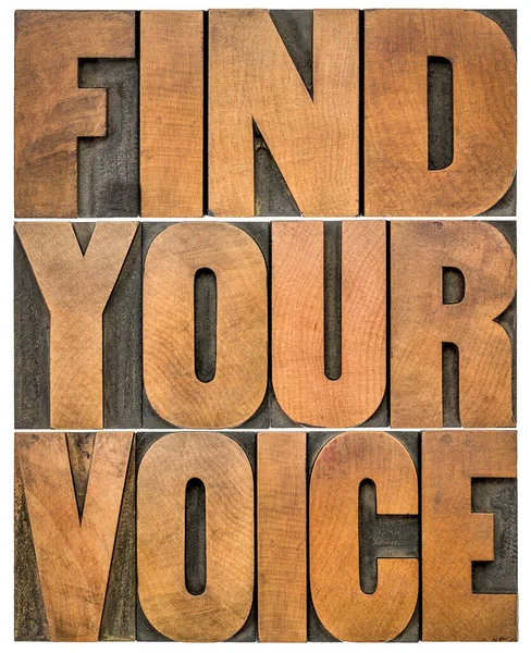 Finden Sie Ihre Stimme Isolierte Wortabstraktion Buchdruck Holzart Persönliche Entwicklung — Stockfoto