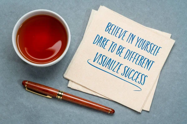 Believe Yourself Dare Different Visualize Success Inspiraitonal Noted Napkin Personal — Stock Photo, Image