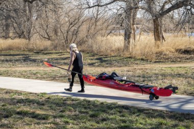 Evans, CO, ABD - 1 Nisan 2023: Kolorado 'daki South Platte Nehri' nde bahar başlarında yüzmek için dalgıç kıyafetli son sınıf erkek kanocu deniz kayığını bir sepetin üzerinde taşıyor..