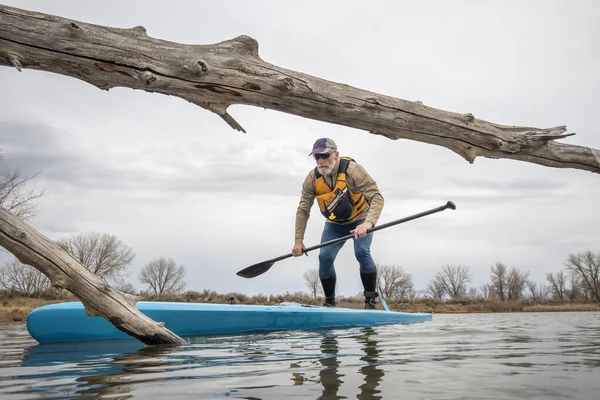 Macho Sênior Remando Stand Paddleboard Lago Início Primavera Perspectiva Sapo — Fotografia de Stock