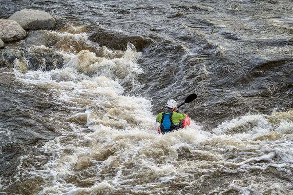 Kayaker Surfing Wave Whitewater Park Poudre River Downtown Fort Collins — Stock Photo, Image