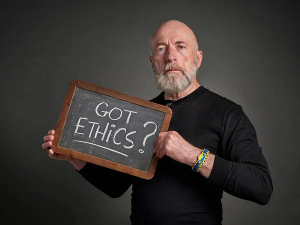 Got Ethics You Ethical Question White Chalk Handwriting Blackboard Held — Stock Photo, Image