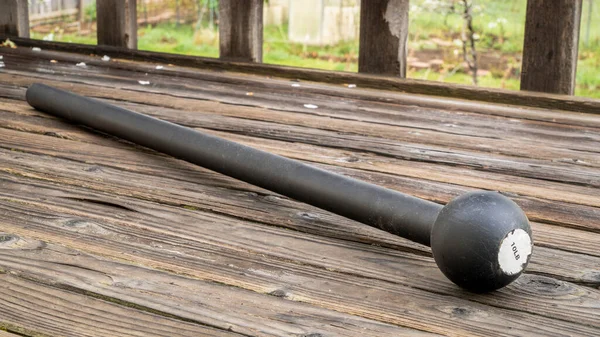 Steel Mace Macebell Wooden Deck Fitness Concept Using Unconventional Equipment — Stock Photo, Image